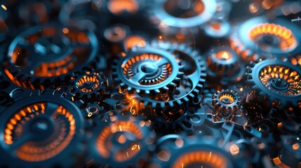 Metal gears and cogs in a closeup, forming a detailed background