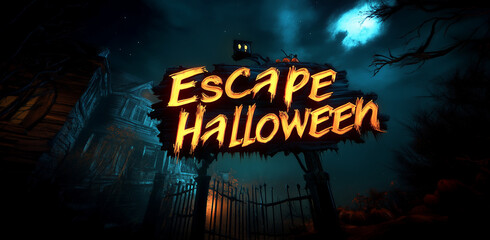 The text "Escape Halloween," crafted from stone in a fantasy style, is centered on a dark background, resembling a game logo.