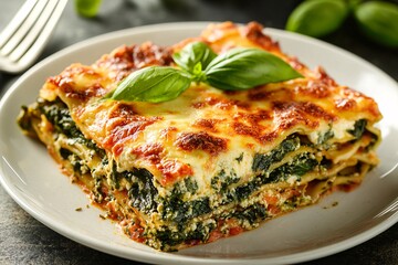 Spinach Lasagna with Melted Cheese and Basil