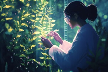 A Woman in a Lab Coat Examining a Plant with a Glass Tube