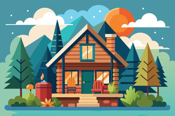 A cozy cabin with a stone chimney stands among lush greenery and mountains under a colorful sky, Customizable cabin illustration that is disproportionate.