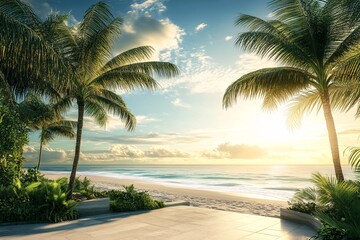 Fototapeta premium Tropical Beach Sunset with Palm Trees