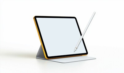 Digital tablet with a stylus pen on a stand, displayed on a white background. Perfect for technology mockups, digital drawing, and productivity tool presentations. Tech design concept