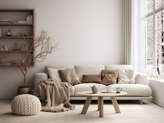 Wabi sabi and japandi style living room interior with beige walls and reclaimed wood rustic furniture in light colors and simple rustic artwork on the wall. Chunky knits.