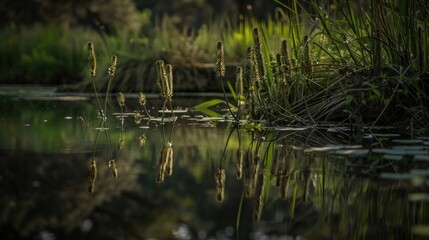 Obraz premium Serene pond landscape featuring vibrant green reeds reflected in still waters, highlighting nature's tranquility. Prehistoric plants, prehistoric botanicals concept.