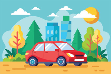 A red car awaits rental amid vibrant trees and a city backdrop, highlighting outdoor adventure options, Customizable car rental with disproportionate illustration.