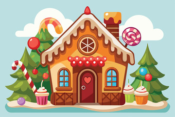 A charming gingerbread house surrounded by colorful candy and trees, perfect for holiday creativity, Customizable cartoon gingerbread house illustration.