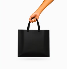 Hand holding a black shopping bag with a minimalist design against a light background. Ideal for retail branding, fashion packaging, and product presentations. Shopping concept, retail branding, 