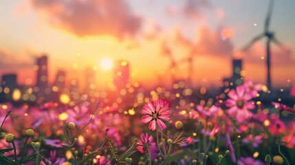Green energy landscape with city skyline and wind turbines in sunset. On the foreground there is meadow full of flowers. 