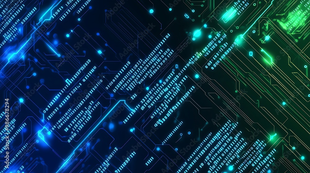 Poster Abstract digital background with glowing blue and green lines and code on a black background.
