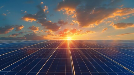 A field of solar panels stretches out under a vibrant sunset. The golden light illuminates the scene, casting long shadows.