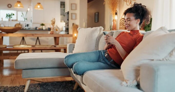 Sofa, happy woman and notification with smartphone for chat, text message and communication with contact. Home, female person and cellphone with mobile app for scroll, share reel and relax on couch