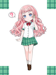 スマホで電話するピンクの髪の女の子。日本のアニメ風のイラスト。チェック柄のシームレステクスチャ付き	