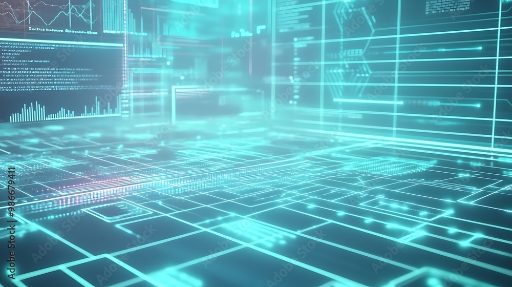 Poster Abstract futuristic background with glowing lines and data streams.