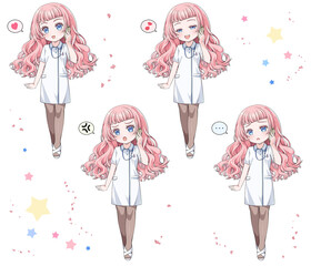 スマホで電話するピンクの髪のかわいい看護師。日本のアニメ風のイラスト。喜怒哀楽4種類セット
