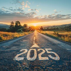 A serene road marked with "2025" and an arrow directing towards a luminous horizon, symbolizing new beginnings and positive change