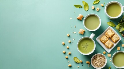 A promotional image for healthy coffee break alternatives, showcasing options like green tea, matcha lattes, and whole-grain snacks, perfect for a nourishing break.