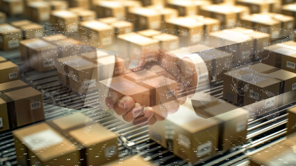 Futuristic logistics hub with packages on conveyor belts