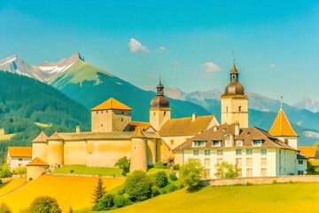 Naklejka premium Panorama of Gruyères Explore the Medieval Village and Castle in La Gruyère, Switzerland
