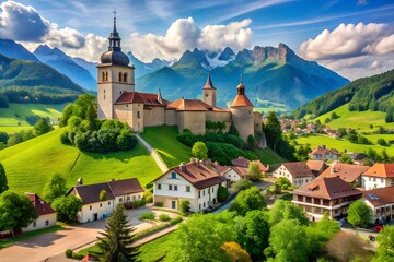 Fototapeta premium Panorama of Gruyères Explore the Medieval Village and Castle in La Gruyère, Switzerland
