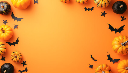 A vibrant orange background with Halloween decorations like pumpkins, stars, and bats at the top of an empty space for text or design