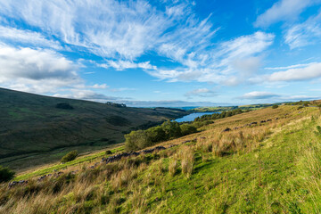 Naklejka premium Scenic Irish countryside with rolling hills, lake, and dramatic cloudscape on sunny day.