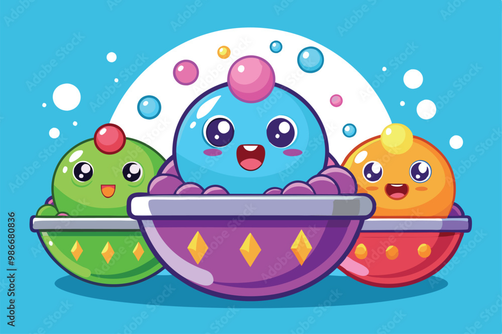 Poster three playful bath bombs with smiling faces are nestled in colorful bowls, creating a joyful scene, 