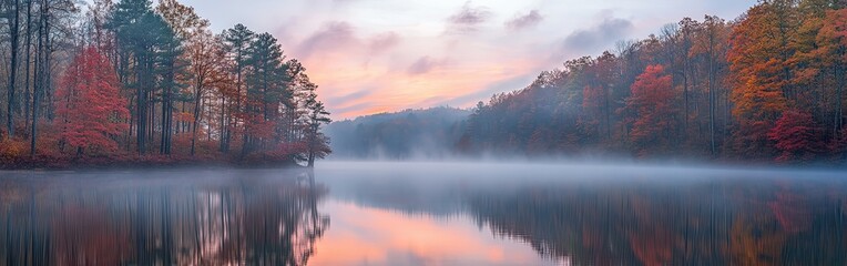 Fototapeta premium Autumn foliage surrounding a misty lake during a peaceful sunrise