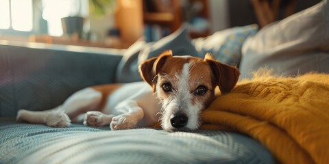 A Jack Russell Terrier Reflects on the Sofa in a Comfortable Indoor Environment