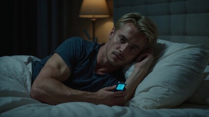 Fototapeta premium Attractive young blond man lying in bed at night holding a device, pondering under soft lamplight.