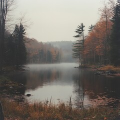 Autumn foliage surrounding a misty lake during a peaceful sunrise