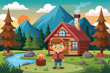A cheerful boy stands outside a warm cabin near a river, surrounded by tall trees and mountains at sunset, Customizable cartoon illustration for cabin fever.