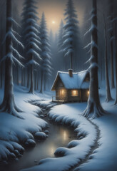 Fairytale oil painting of cozy snowy log cabin on creek shore among gloomy snow covered fir forest at moonlit winter night. With no people digital art illustration of solitude place wintry landscape.