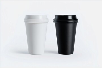 Two modern disposable coffee cups with lids in contrasting black and white colors displayed against a light background. Perfect for concepts related to beverage branding, minimalist design