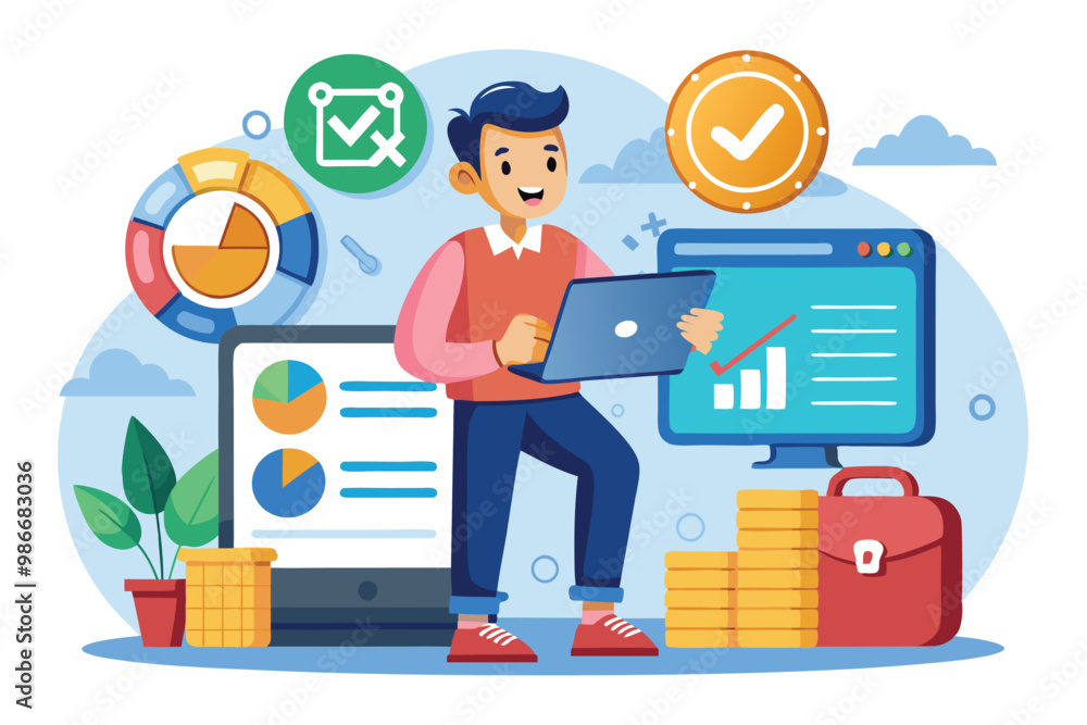 Poster a cheerful character analyzes data on a laptop with graphs and charts in a vibrant, professional env