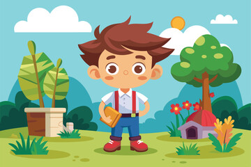 A cheerful child explores a vibrant garden filled with plants, flowers, and a playful doghouse nearby, Customizable cartoon illustration for curious children.