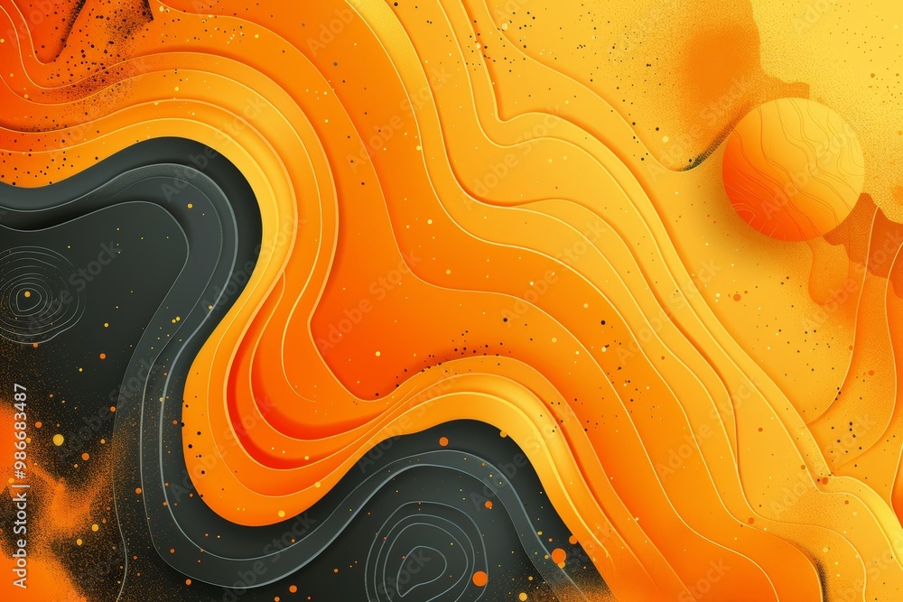 Poster orange wavy lines with black shadowing and speckles intertwine to create a captivating abstract desi