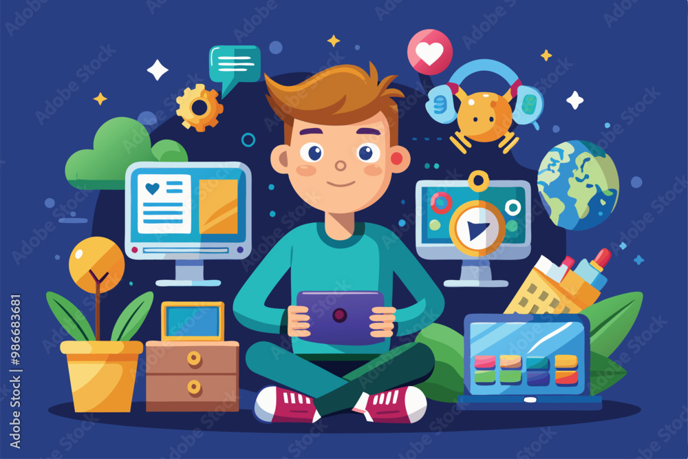 Poster a cartoon character is actively using a tablet while surrounded by various tech devices and cheerful