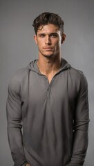 Obraz premium A handsome man poses confidently without clothing against a neutral backdrop in a studio setting during a photoshoot.
