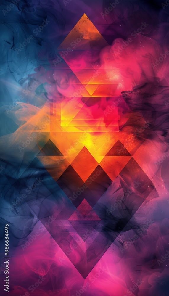 Poster a vibrant explosion of color and geometric shapes in a dynamic digital art piece. bold forms and hue