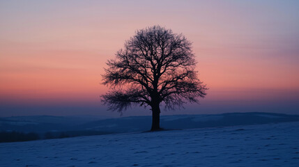 Silhouette of bare tree against winter sunset sky