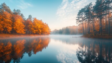 Autumn foliage surrounding a misty lake during a peaceful sunrise