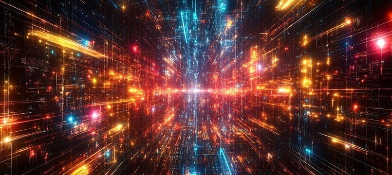 A cool, futuristic grid background with glowing lines and a central text space 