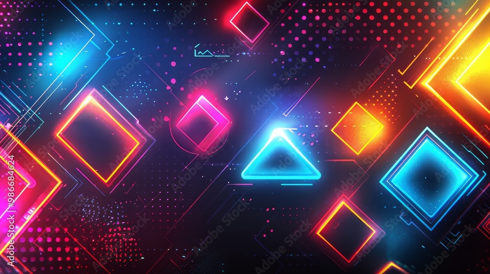 Poster an abstract composition featuring glowing neon geometric shapes such as squares, triangles, and diam