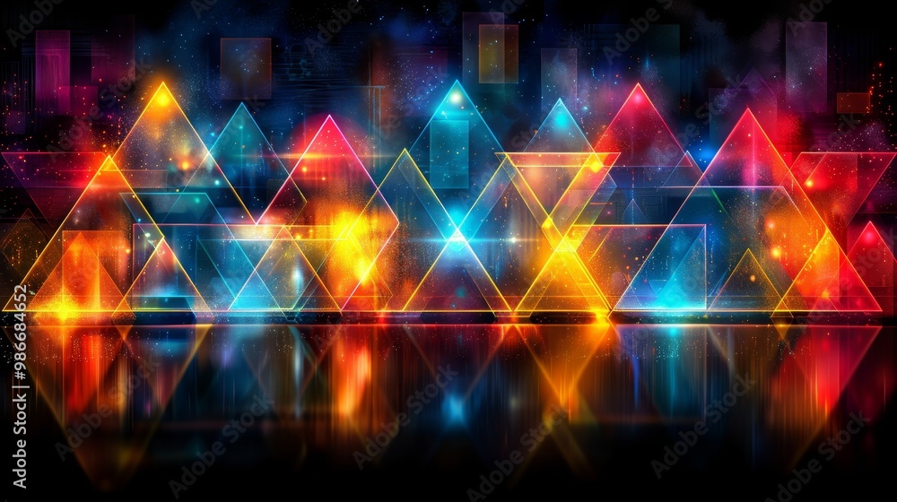 Aufkleber a colorful image of geometric shapes in neon colors like triangles and squares, creating a dynamic p