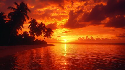 Silhouette of Palm Trees Against a Fiery Sunset Over a Tranquil Ocean
