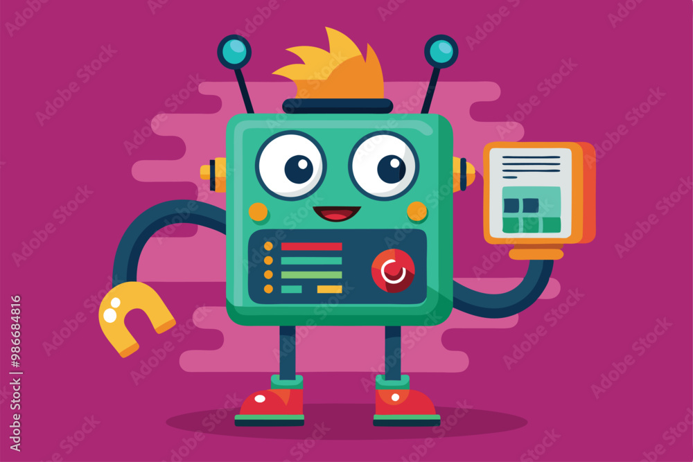 Poster a cheerful cartoon robot holds a device displaying firmware settings in a colorful design, customiza