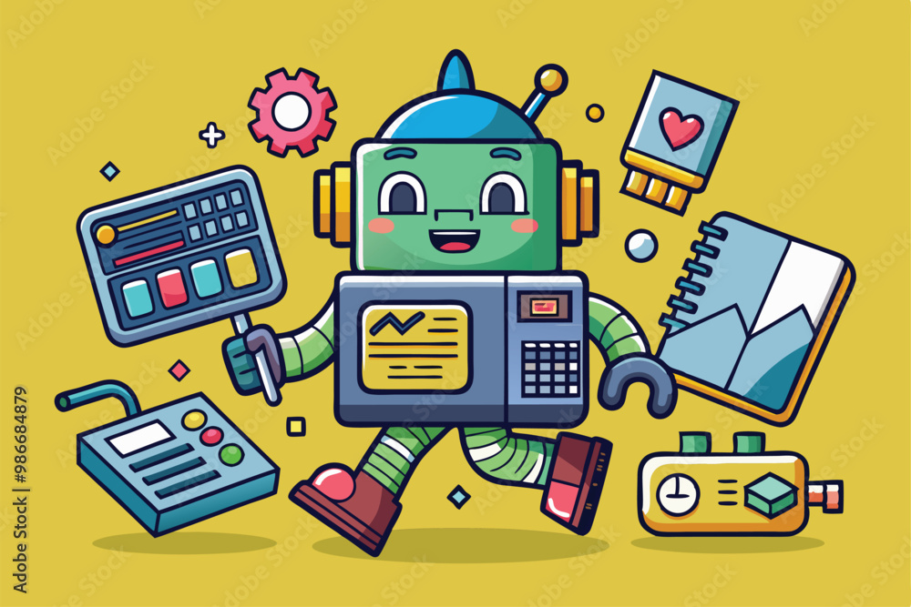 Aufkleber a cheerful cartoon robot holds tools and gadgets, representing a customizable design for firmware pr