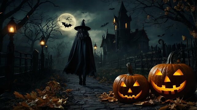 halloween dark hunters and witches silhouettes ,haunted spooky  village ,dark,night 