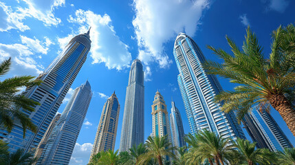 Fototapeta premium A city skyline with tall buildings and palm trees. The sky is clear and blue, and the sun is shining brightly. The buildings are all different heights and styles, creating a sense of diversity